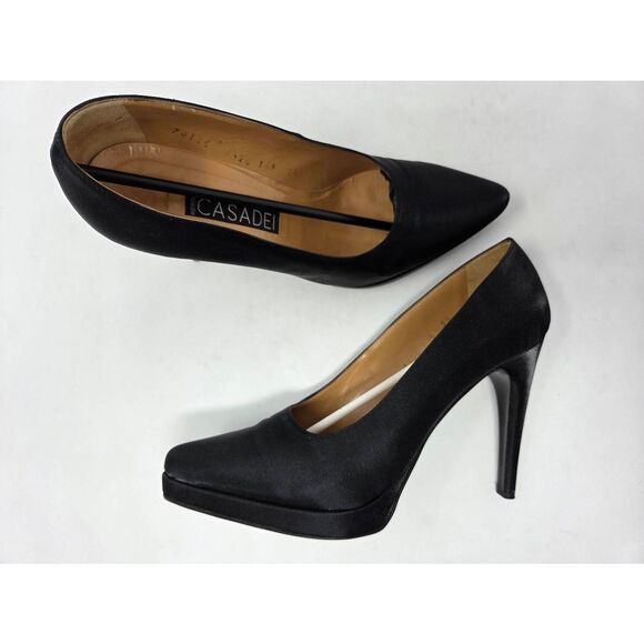 CASADEI ITALY BLACK SATIN SHIMMER PUMPS PLATFORM 4" HEELS WOMENS SIZE 8.5 M - Picture 1 of 10